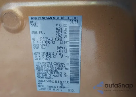 2014 Nissan Rogue Sv from USA, damaged, VIN 5N1AT2MV7EC818310
